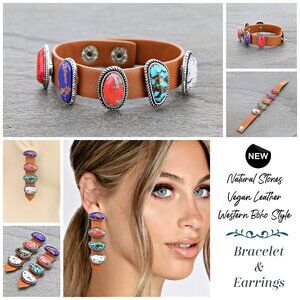 Natural Semi-Precious Stone Vegan Leather Boho Western Earrings & Bracelet NEW